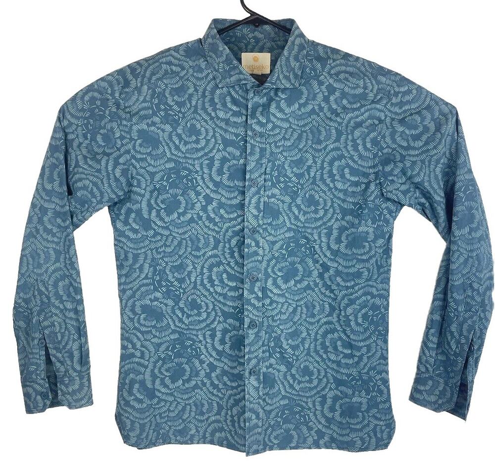 Metiseko Mens Medium Blue Floral Organic Cotton Classic Long Sleeve Shirt